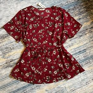 Maroon Floral Short Sleeve Tie Blouse